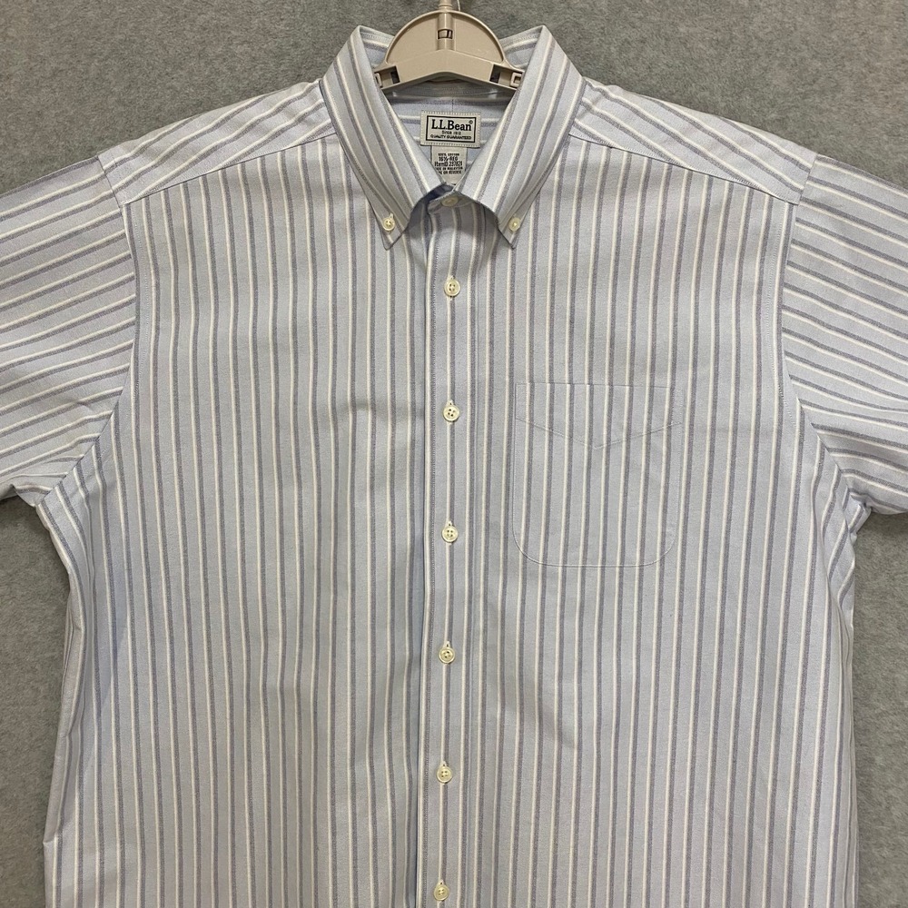 LL BEAN Men's 16.5 REG Shirt Blue White Stripe Cotton Button Down Short Sleeve - Picture 3 of 8